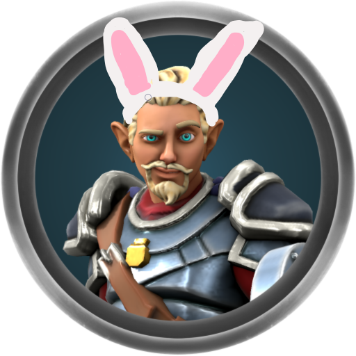 Epic Fred - a half elf with tanned skin, blond hair and icy blue eyes - wearing pink and white bunny ears. Fred is ready for some Easter themed adventure.