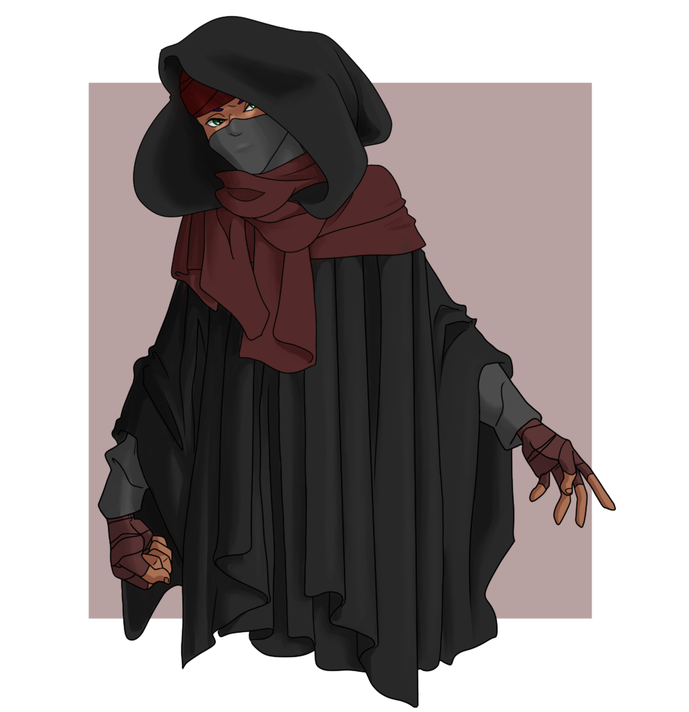 Mute Character, Slight. Almost entirely covered by draping black and grey clothes. Wears wraps on hands and face. Only visible skin is around the eyes and the fingers.