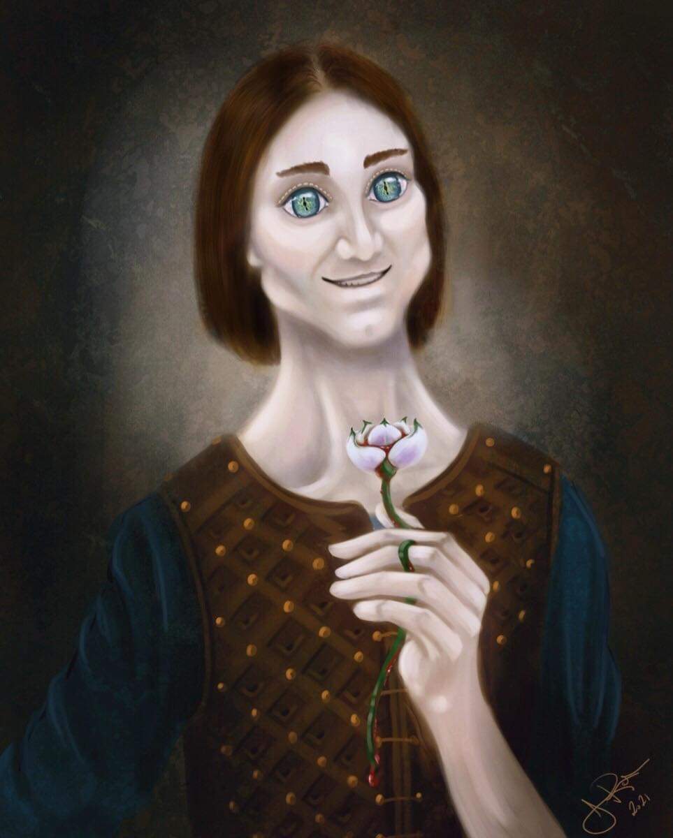 An image of the Villain I created for Dungeons and Dragons. A bust image of a pale man with an elongated neck. His hair is brown and straight. His eyes are green and lizard like (they have a vertical pupil). He is holding a pink flower in long thin fingers.