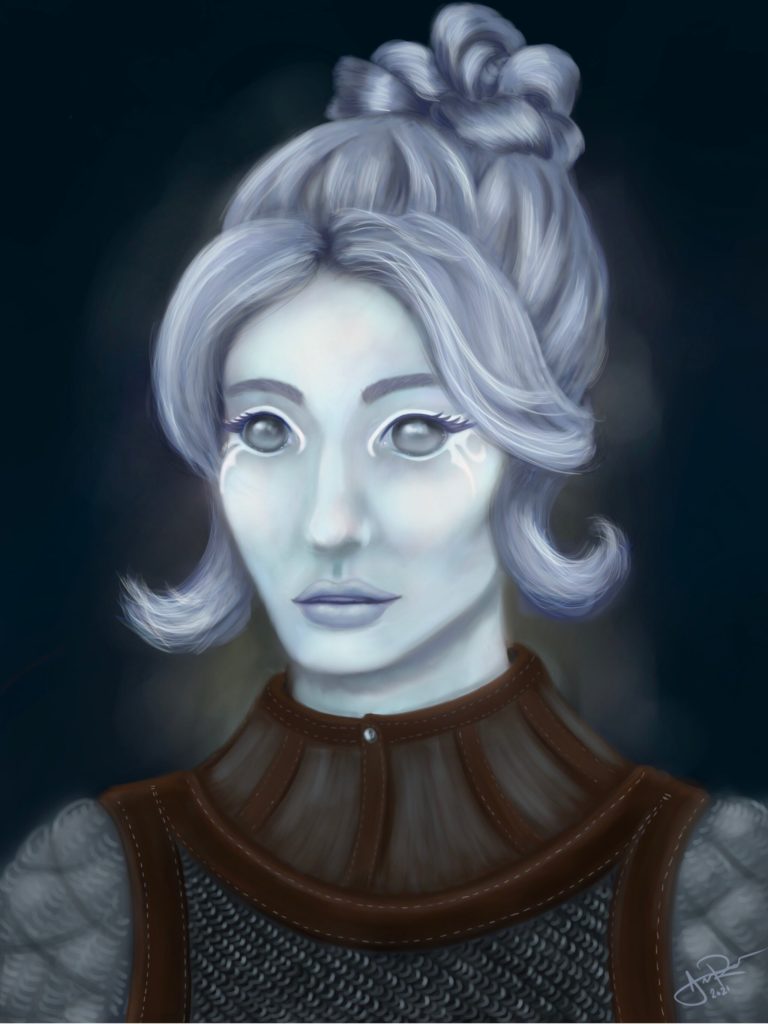Bhulan - An Aasimar (angel-kin) with pale blue skin and silver hair. She has silver tattoos around her eyes and wears plate armour. This picture is drawn in a softer paint-like style.