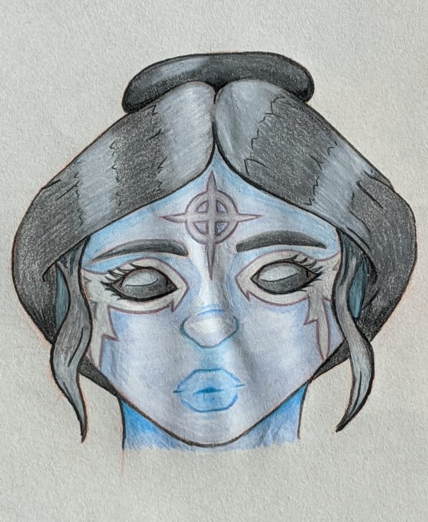 Bhulan - An Aasimar (angel-kin) with pale blue skin and silver hair. She has silver tattoos around her eyes and wears plate armour. This picture was drawn with pencils.