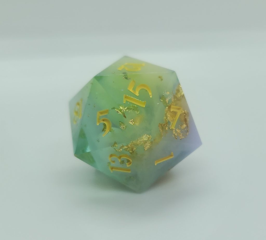 The d20 from the set of spring-themed polyhedral dice.