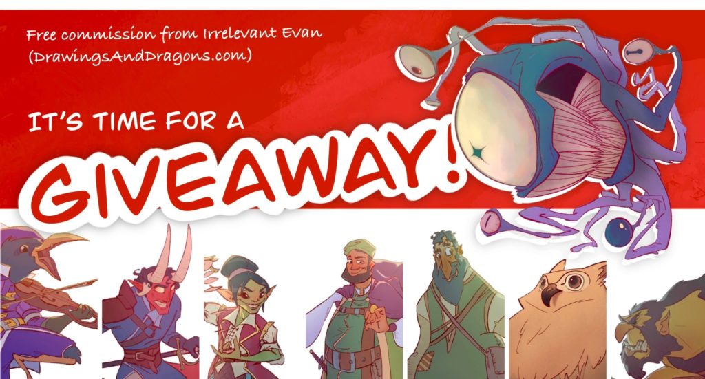 An art commission giveaway banner with cartoon-style characters on it.