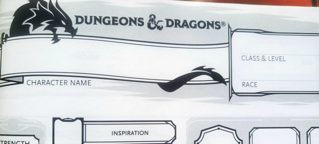 The top of a D&D 5th edition character sheet. It shows a dragon, with Dungeons and Dragons written beside it, alone with a few of the fields on the character sheet such as "Character Name", "Class & Level", "Race", and "Inspiration".