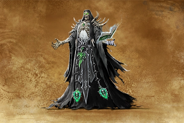 A drawing of the skeletal figure with glowing eyes. He dressed in black robes with green accents and there is a book magically floating over is left hand.
