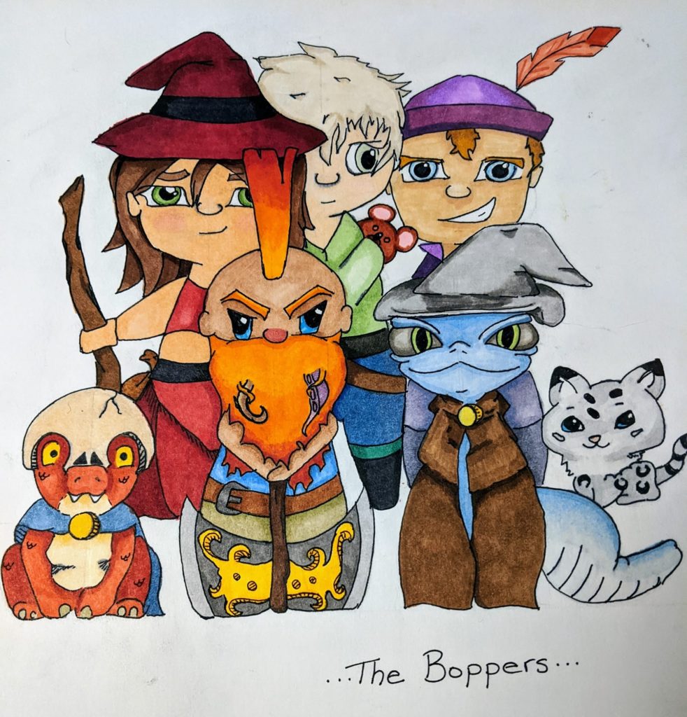 A group of D&D adventurers done in a chibi art style. From left to right it includes a kobold with a skull helmet, a human wizard dressed in red, a dwarf with fiery hair, a person with pale skin and light hair, a blue lizard wizard and a man dressed in fine purple clothes.