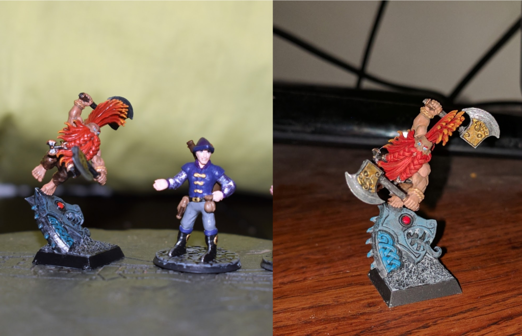 D&D miniatures for Morsaw and purple man. Morsaw is a dwarf holding two axes and leaping off a broken statue. He has long hair in a mohawk and a long braided beard. His hair and beard are red/orange like fire. Purple man is a human dressed in fine purple clothes with a pointed hat. He wears and lute on his back.