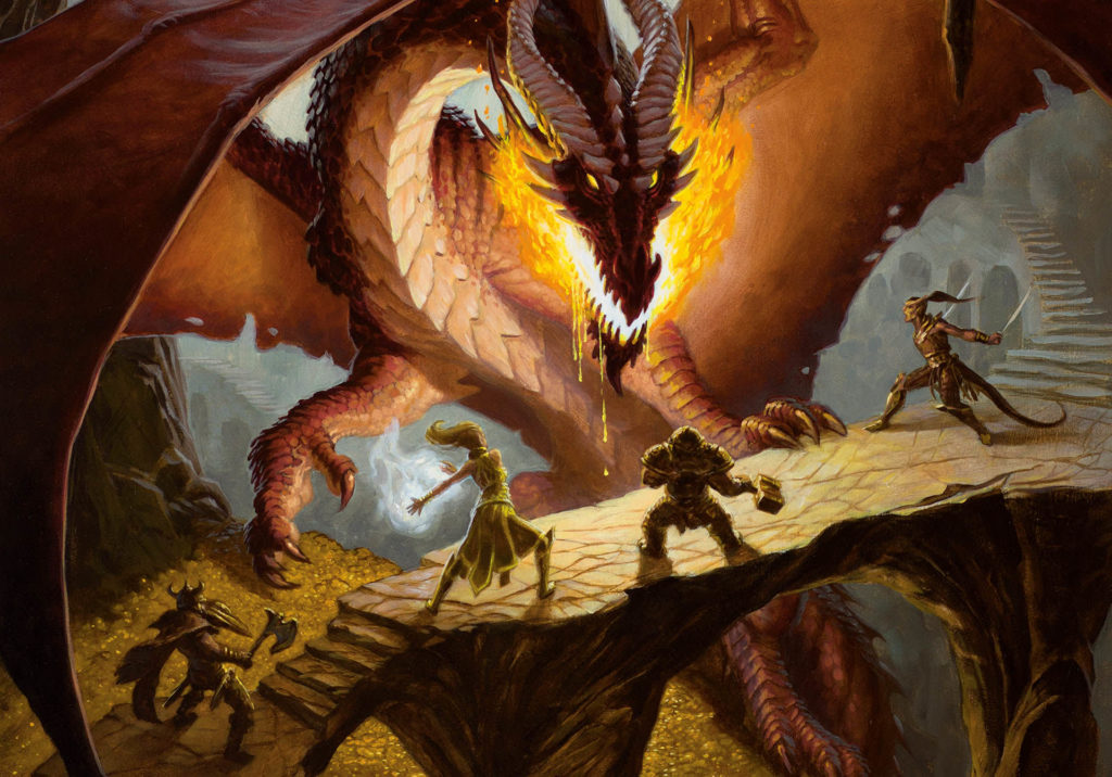 Four heroes stand on a bridge where a red dragon looms over them preparing to breathe fire onto them. The dragons hoard litters the ground under the bridge. Dungeons and Dragons Combat.