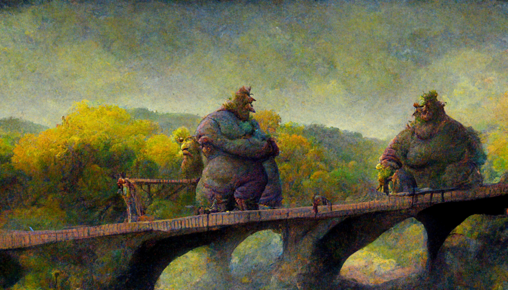 A pastel style painting of two large humanoid creatures standing on a bridge.
