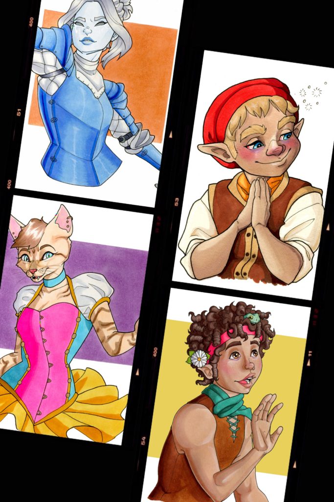 This image shows a collections of characters I have played in the past. A noble female aasimar, a red cheeked male gnome, a blue eyed tabaxi in bright coloured clothes and a wide eyed halfling with a frog tucked into his curly hair. 