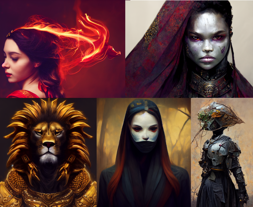 A collage of five portraits (left to right, top row first): a woman in a red dress with a flame flying off the back of her head, a pale skinned worman with cuts on her face and a purple veil, a lion-man with a golden mane, a woman dressed in dark clothes with a drawn hood and a white mask over the upper half of her face, and a small robot with vines and roots growing out around it's joints and face.
