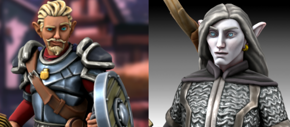 Image of two 3D modeled characters. The left is a blonde half-elf with a goatee wearing a shield and holding a lute. On the right is an elf with grey-blue skin and ashen hair.
