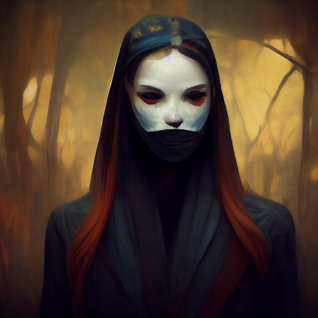 Shows a woman wearing a bone white mask with red details around the eyes. The mask ends just below the nose and the figure wears a black cowl covering her mouth. Her hair is black but transitions to red at the end. 
The text reads. "the character art that gave me heebie jeebies"