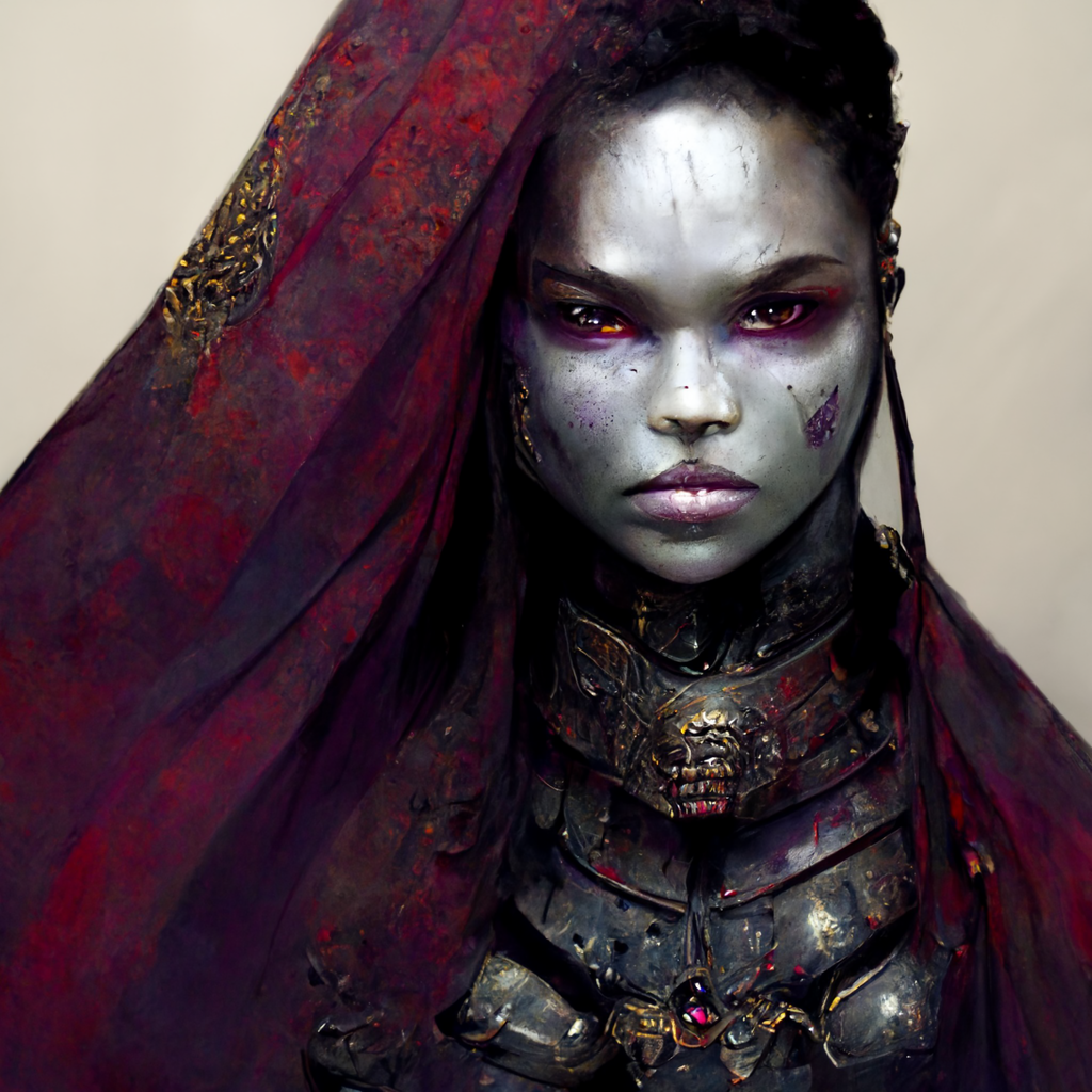 This is an image of a stern faced, grey skinned woman. She has cuts on her face and one of her eyes is bloodshot. She wears a veil cascading down her right side and heavy armour. 
The text reads "The character I wanted to be"