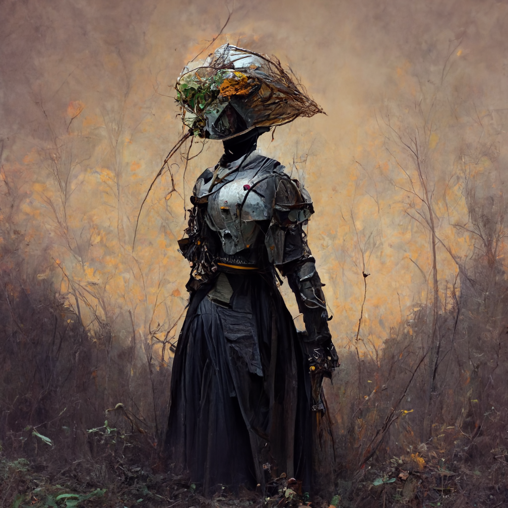 This is the image of Lady Riza. She is a short metallic creature. Her head is triangular but has no describable features. Her upper body looks to be made of scrap metal and she wears a long blue skirt. Growing from between the scraps of metal are plants; vines. leaves, tendrils of green.